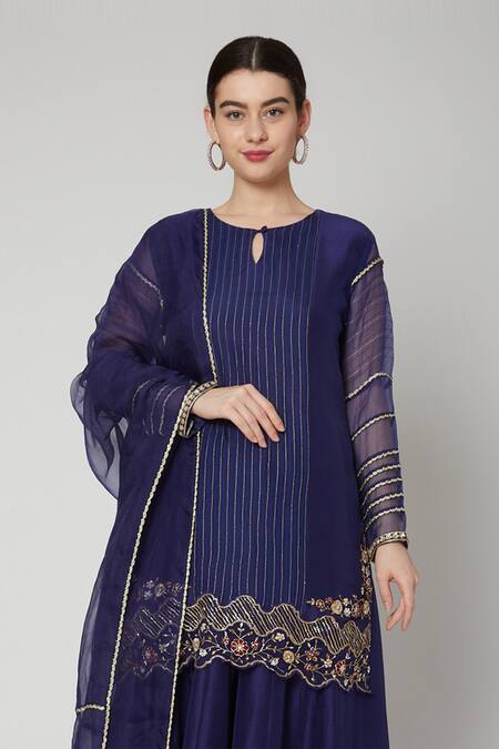 Nadima Saqib_Blue Habutai , Organza V Neck Embroidered Kurta Lehenga Set _Online_at_Aza_Fashions