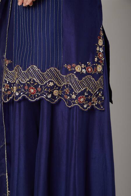 Shop_Nadima Saqib_Blue Habutai , Organza V Neck Embroidered Kurta Lehenga Set _Online_at_Aza_Fashions