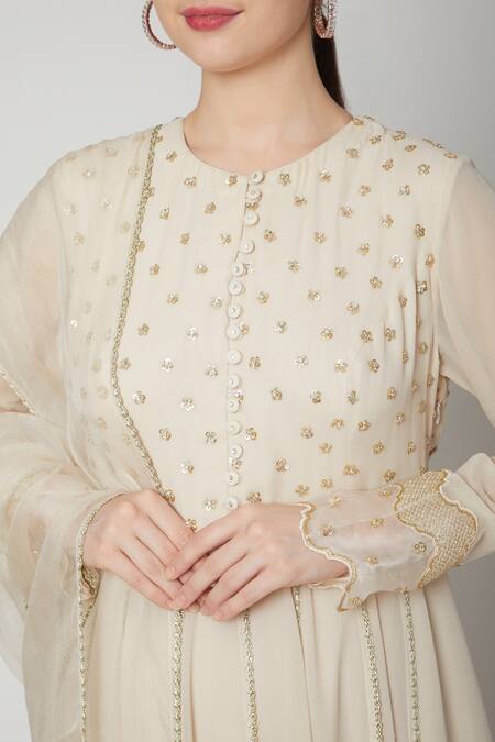 Nadima Saqib_Beige Georgette, Silk Organza Round Embroidered Anarkali Set _Online_at_Aza_Fashions