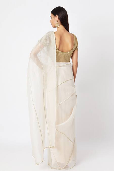 Shop Nadima Saqib Beige Organza, Pure V Neck Saree With Blouse at Aza Fashions Shop_Nadima Saqib_Beige Organza, Pure V Neck Saree With Blouse_at_Aza_Fashions