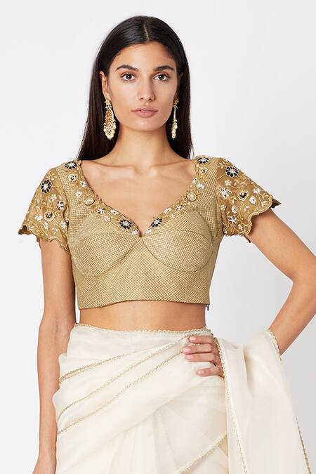 Nadima Saqib Beige Organza, Pure V Neck Saree With Blouse Online at Aza Fashions Nadima Saqib_Beige Organza, Pure V Neck Saree With Blouse_Online_at_Aza_Fashions