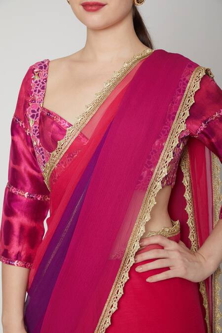 Nadima Saqib_Purple Chiffon Embroidered Colorblock Saree _Online_at_Aza_Fashions