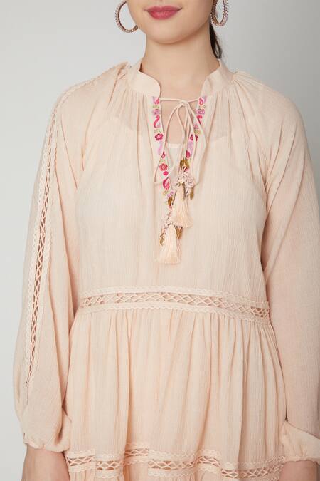 Buy Nadima Saqib Peach Viscose Cotton Tie-up Embroidered Dress Online at Aza Fashions Buy_Nadima Saqib_Peach Viscose Cotton Tie-up Embroidered Dress _Online_at_Aza_Fashions