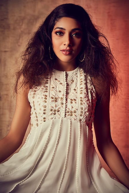 Nadima Saqib_White Georgette, Cotton Silk Round Embroidered Gown _at_Aza_Fashions