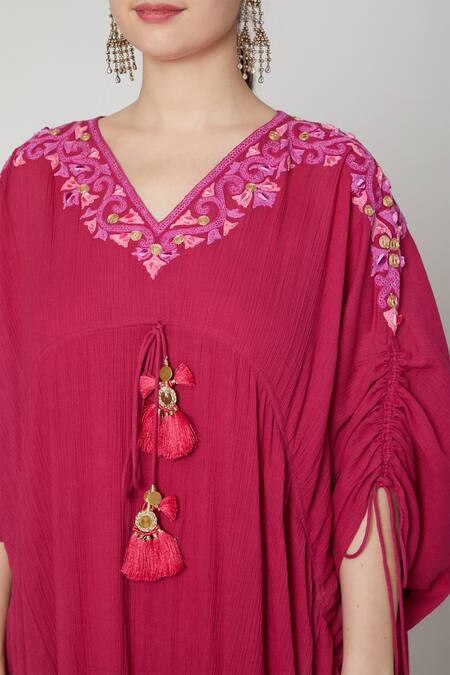 Nadima Saqib_Maroon Viscose Cotton V Neck Embroidered Kaftan _Online_at_Aza_Fashions