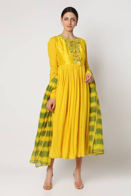 Nadima Saqib Yellow Silk Chanderi Round Embroidered Anarkali With Dupatta  