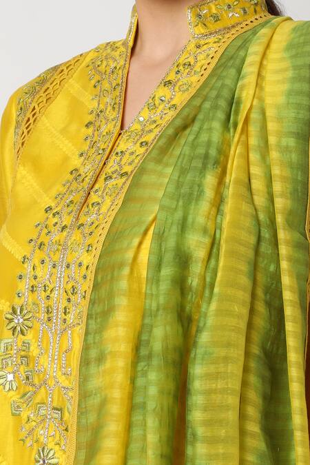 Nadima Saqib Yellow Silk Chanderi, Viscose Cotton Mandarin Collar Kurta Set Online at Aza Fashions Nadima Saqib_Yellow Silk Chanderi, Viscose Cotton Mandarin Collar Kurta Set _Online_at_Aza_Fashions