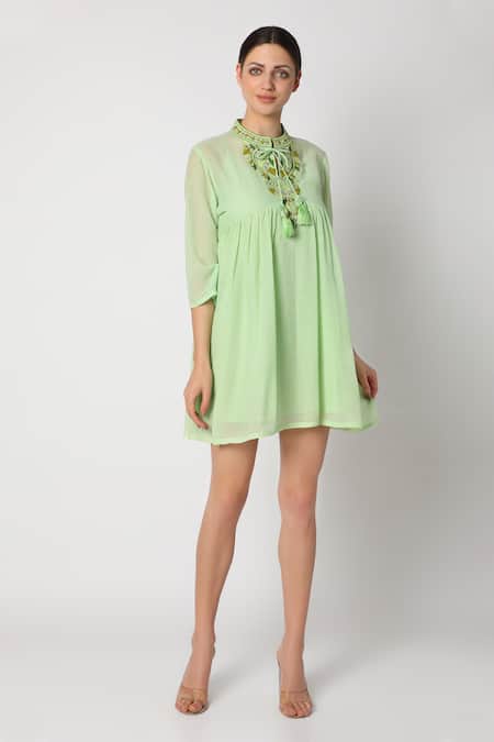 Nadima Saqib_Green Wrinkle Cotton Mandarin Collar Dress_Online_at_Aza_Fashions
