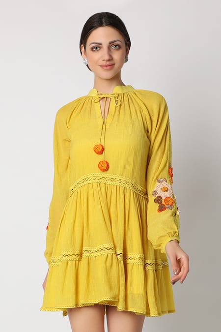 Nadima Saqib Yellow Wrinkle Cotton Mandarin Collar Dress 