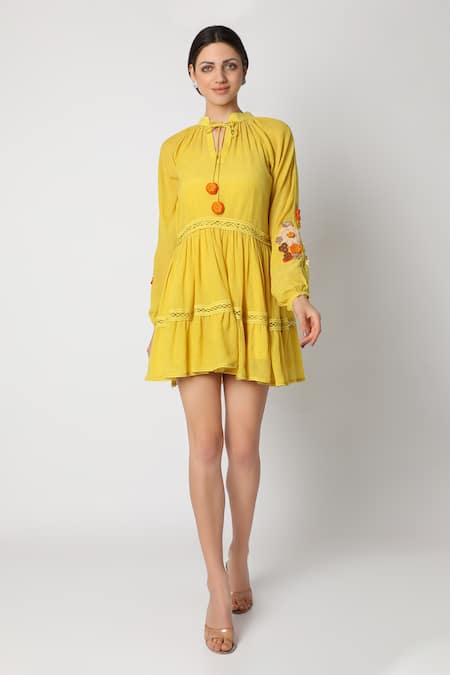 Nadima Saqib_Yellow Wrinkle Cotton Mandarin Collar Dress _Online_at_Aza_Fashions