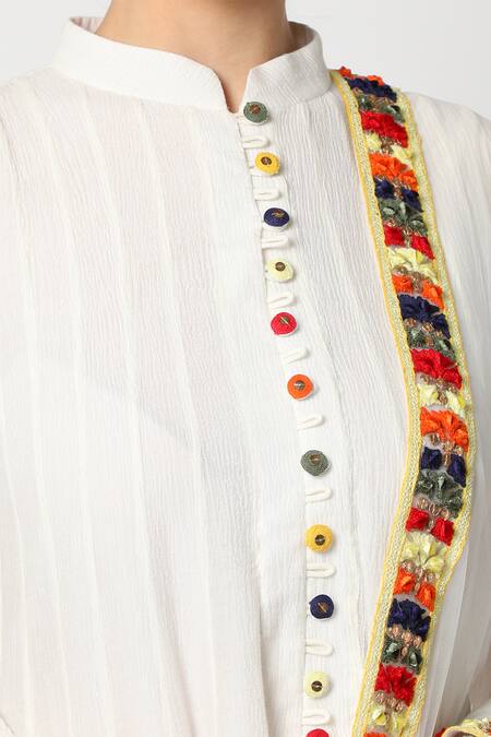 Nadima Saqib White Tulle, Wrinkle Cotton Mandarin Collar Anarkali Set Online at Aza Fashions Nadima Saqib_White Tulle, Wrinkle Cotton Mandarin Collar Anarkali Set _Online_at_Aza_Fashions