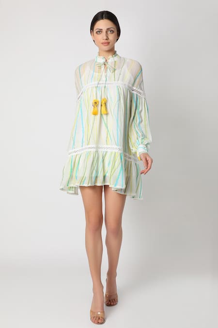 Nadima Saqib_White Wrinkle Cotton High Neck Tie-dye Dress _Online_at_Aza_Fashions