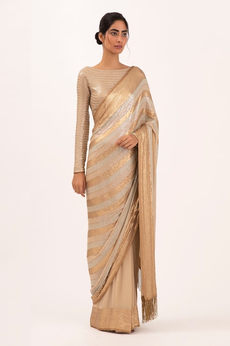 Nakul Sen Beige Chiffon Sequin Boat Embroidered Saree With Blouse Online at Aza Fashions Nakul Sen_Beige Chiffon Sequin Boat Embroidered Saree With Blouse_Online_at_Aza_Fashions