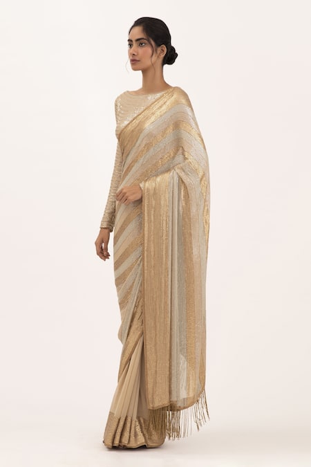Buy Nakul Sen Beige Chiffon Sequin Boat Embroidered Saree With Blouse Online at Aza Fashions Buy_Nakul Sen_Beige Chiffon Sequin Boat Embroidered Saree With Blouse_Online_at_Aza_Fashions