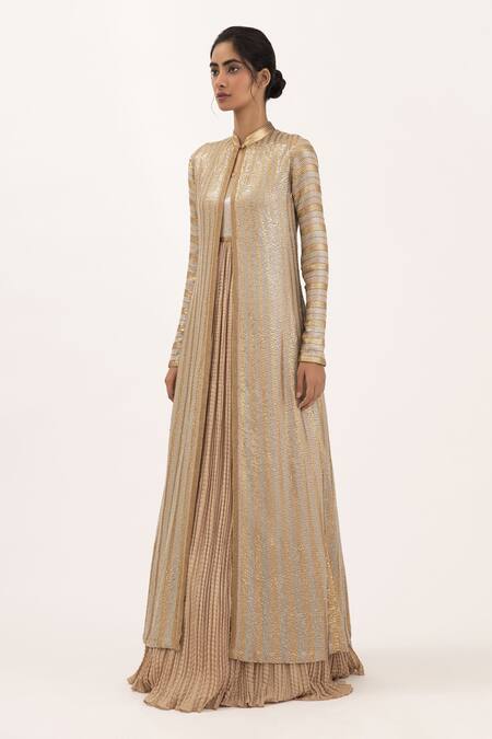 Nakul Sen_Beige Chiffon Sequin Band Embroidered Jacket With Gown_Online_at_Aza_Fashions