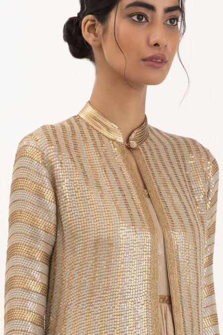 Buy_Nakul Sen_Beige Chiffon Sequin Band Embroidered Jacket With Gown_Online_at_Aza_Fashions
