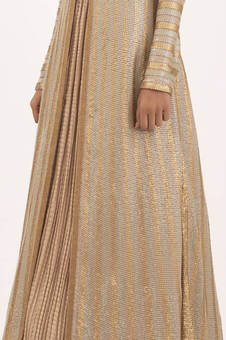 Shop_Nakul Sen_Beige Chiffon Sequin Band Embroidered Jacket With Gown_Online_at_Aza_Fashions