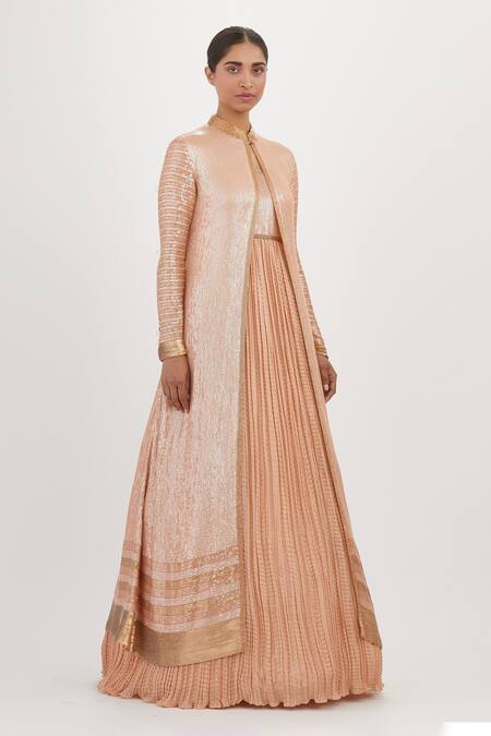 Nakul Sen_Pink Chiffon Sequin Band Embroidered Jacket With Gown_Online_at_Aza_Fashions