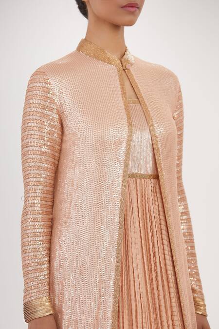 Shop_Nakul Sen_Pink Chiffon Sequin Band Embroidered Jacket With Gown_Online_at_Aza_Fashions