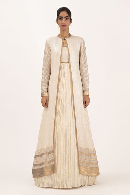 Buy Grey Tunic Dress With Embroidered Front Panel And Long Frill Layered  Jacket Online - Kalki Fashion