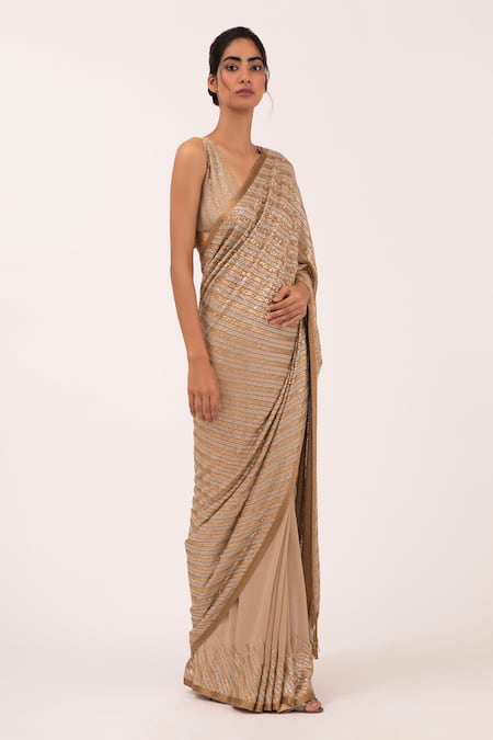 Nakul Sen_Beige Chiffon Sequin V Neck Embroidered Saree With Blouse_Online_at_Aza_Fashions
