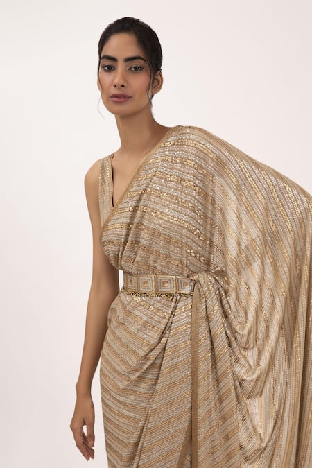 Buy_Nakul Sen_Beige Chiffon Sequin V Neck Embroidered Saree With Blouse_Online_at_Aza_Fashions