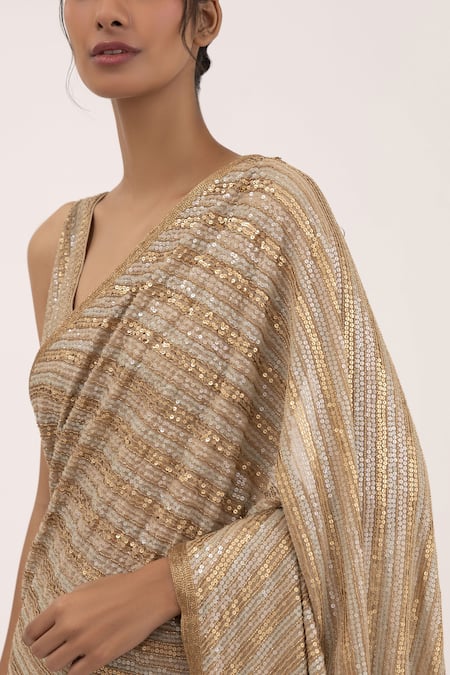 Shop_Nakul Sen_Beige Chiffon Sequin V Neck Embroidered Saree With Blouse_Online_at_Aza_Fashions
