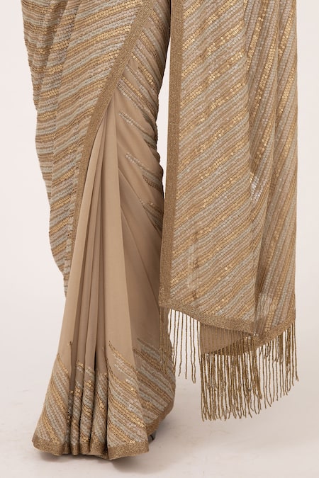 Nakul Sen_Beige Chiffon Sequin V Neck Embroidered Saree With Blouse_at_Aza_Fashions