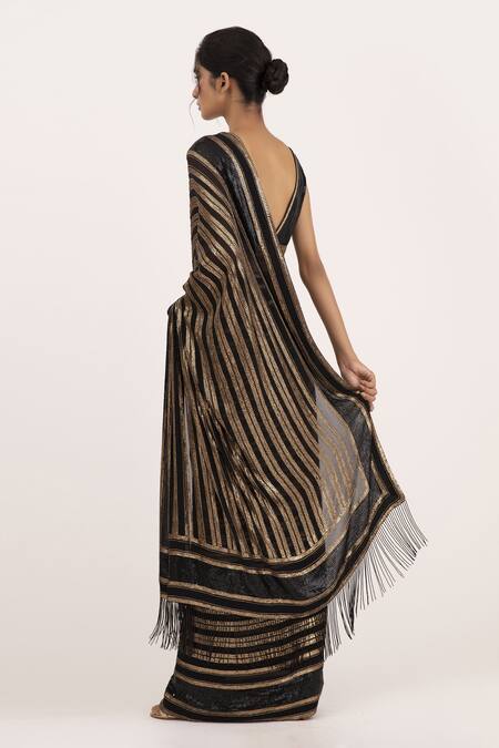 Shop Nakul Sen Black Chiffon Sequin V Neck Embroidered Saree With Blouse at Aza Fashions Shop_Nakul Sen_Black Chiffon Sequin V Neck Embroidered Saree With Blouse_at_Aza_Fashions