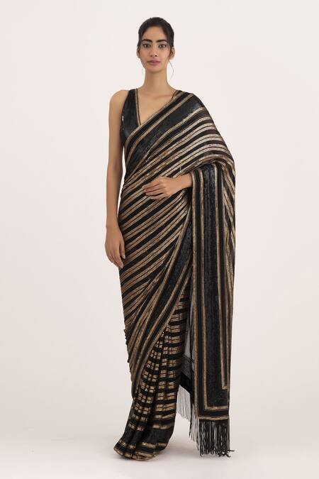 Nakul Sen Black Chiffon Sequin V Neck Embroidered Saree With Blouse Online at Aza Fashions Nakul Sen_Black Chiffon Sequin V Neck Embroidered Saree With Blouse_Online_at_Aza_Fashions