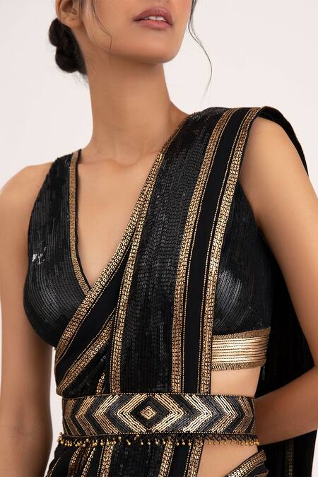 Buy Nakul Sen Black Chiffon Sequin V Neck Embroidered Saree With Blouse Online at Aza Fashions Buy_Nakul Sen_Black Chiffon Sequin V Neck Embroidered Saree With Blouse_Online_at_Aza_Fashions