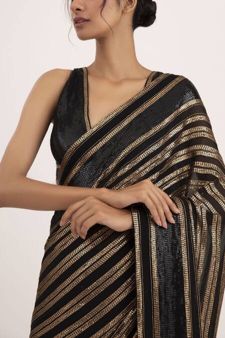 Shop Nakul Sen Black Chiffon Sequin V Neck Embroidered Saree With Blouse Online at Aza Fashions Shop_Nakul Sen_Black Chiffon Sequin V Neck Embroidered Saree With Blouse_Online_at_Aza_Fashions