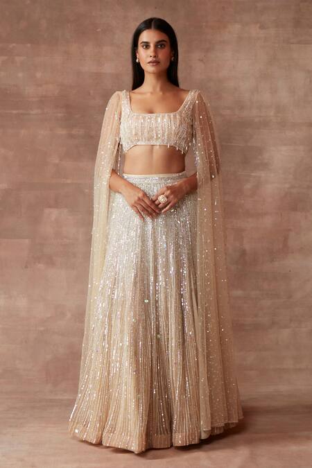 Neeta Lulla_White Tulle Sequin And Beads Square Neck Moonbeam Cape Style Lehenga Set _Online_at_Aza_Fashions