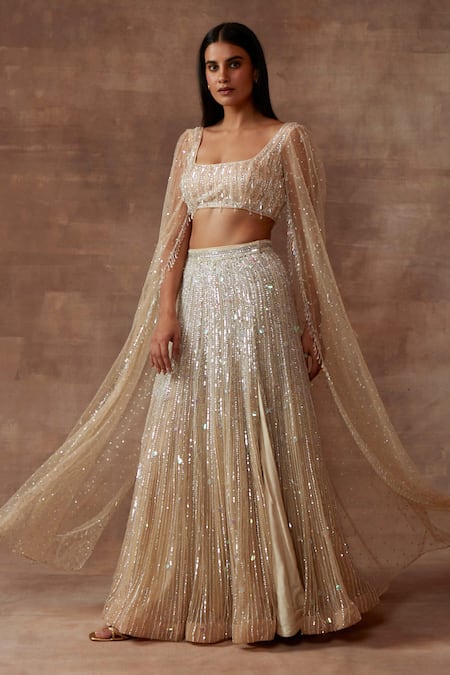 Buy_Neeta Lulla_White Tulle Sequin And Beads Square Neck Moonbeam Cape Style Lehenga Set _Online_at_Aza_Fashions