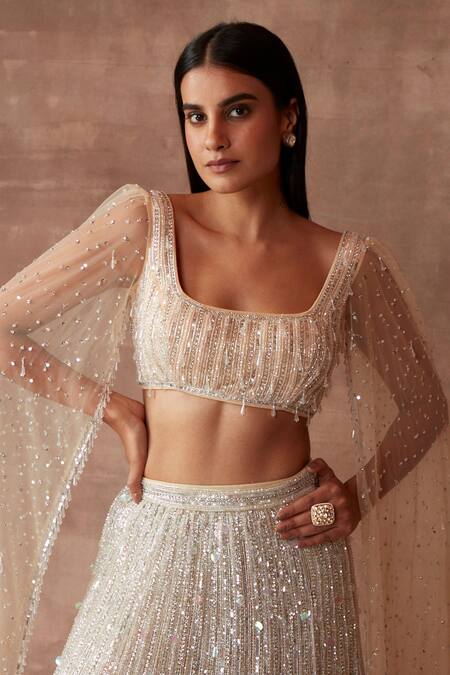 Shop_Neeta Lulla_White Tulle Sequin And Beads Square Neck Moonbeam Cape Style Lehenga Set _Online_at_Aza_Fashions