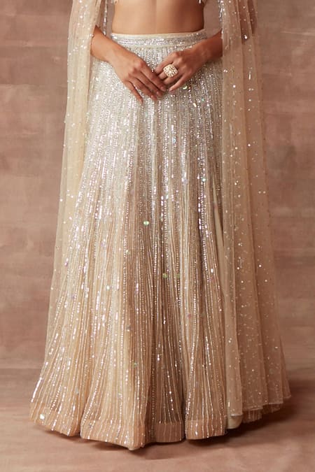 Neeta Lulla_White Tulle Sequin And Beads Square Neck Moonbeam Cape Style Lehenga Set _at_Aza_Fashions