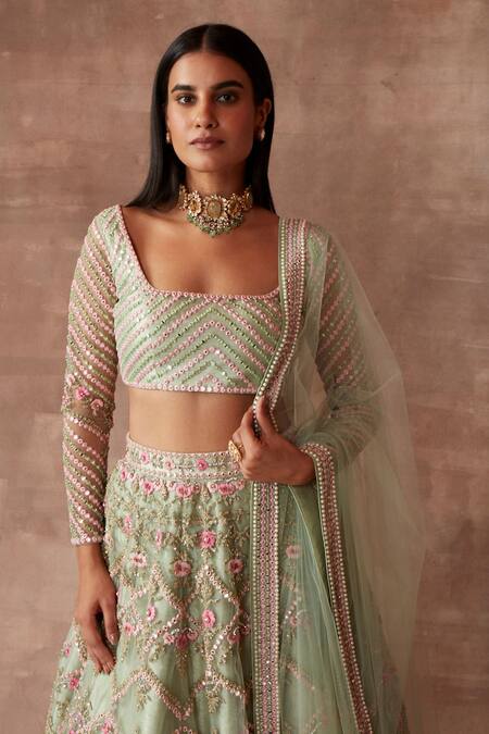 Neeta Lulla Green Tulle Mirror, Thread And Beads Square Neck Iris Bridal Lehenga Set Online at Aza Fashions Neeta Lulla_Green Tulle Mirror, Thread And Beads Square Neck Iris Bridal Lehenga Set_Online_at_Aza_Fashions