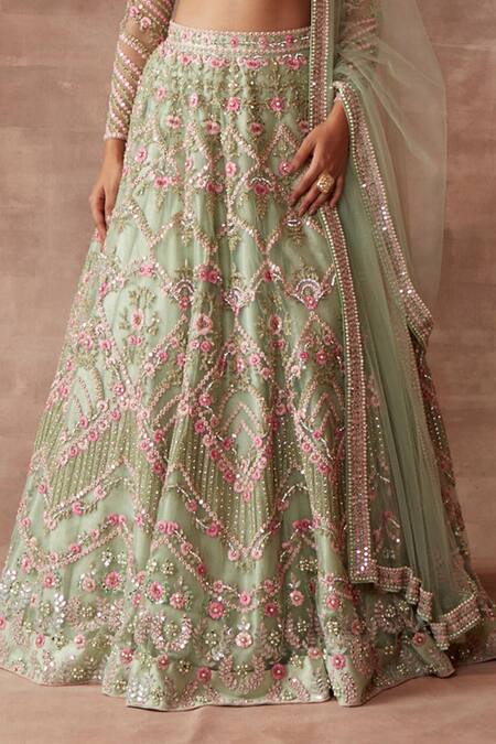 Neeta Lulla Green Tulle Mirror, Thread And Beads Square Neck Iris Bridal Lehenga Set at Aza Fashions Neeta Lulla_Green Tulle Mirror, Thread And Beads Square Neck Iris Bridal Lehenga Set_at_Aza_Fashions