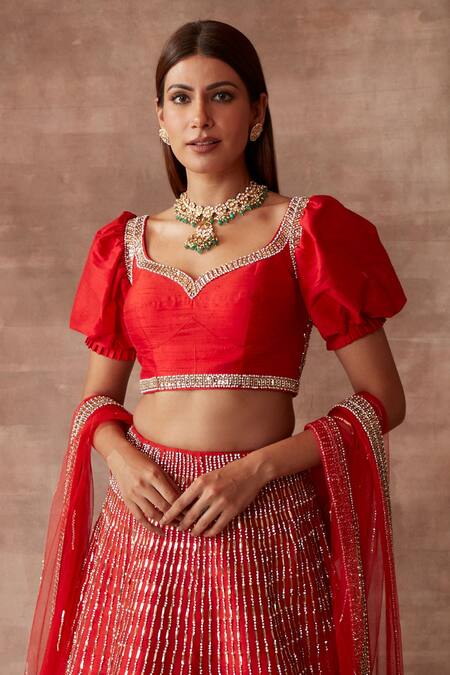 Buy_Neeta Lulla_Red Raw Silk Sequin, Stone And Mirror, Zari Sweetheart Rose Bridal Lehenga Set_Online_at_Aza_Fashions
