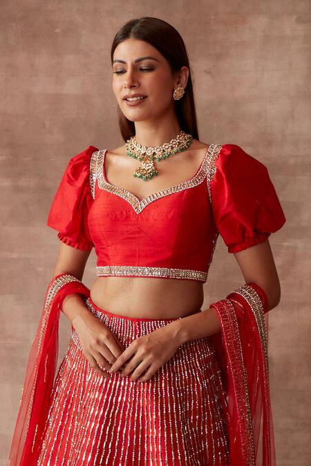 Shop_Neeta Lulla_Red Raw Silk Sequin, Stone And Mirror, Zari Sweetheart Rose Bridal Lehenga Set_Online_at_Aza_Fashions