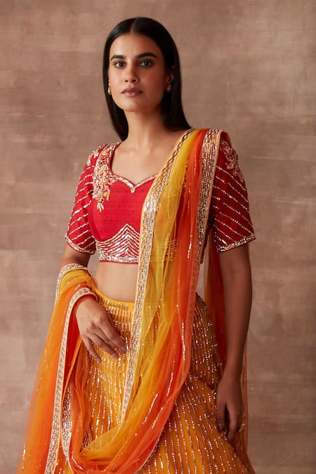 Buy_Neeta Lulla_Orange Silk And Tulle Zari & Sequin Leaf Neck Rosalie Bridal Lehenga Set _Online_at_Aza_Fashions