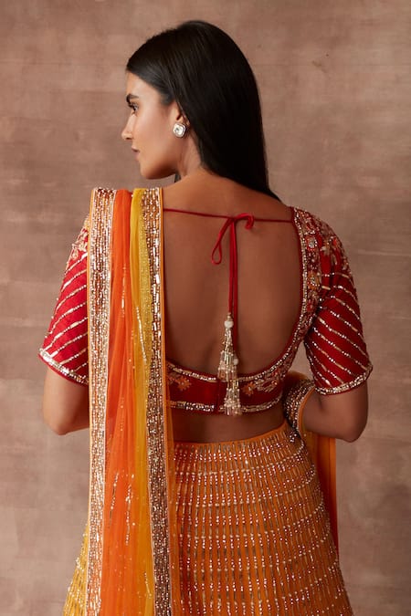 Shop_Neeta Lulla_Orange Silk And Tulle Zari & Sequin Leaf Neck Rosalie Bridal Lehenga Set _Online_at_Aza_Fashions