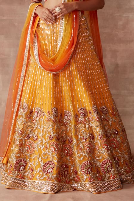 Neeta Lulla_Orange Silk And Tulle Zari & Sequin Leaf Neck Rosalie Bridal Lehenga Set _at_Aza_Fashions