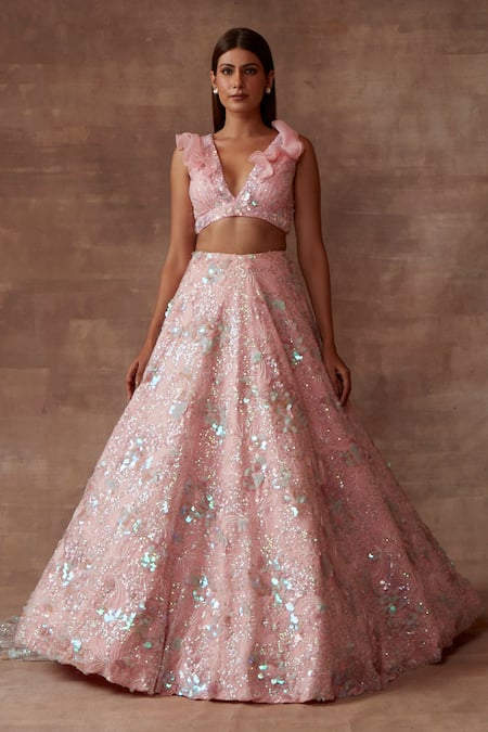 Neeta Lulla Pink Tulle Embroidery Sequin And Cutdana V Neck Stella Lehenga Set 