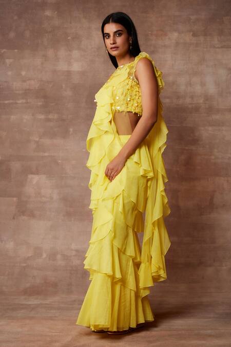 Neeta Lulla_Yellow Chiffon Sequin Straight Pre-draped Ruffle Saree Set_Online_at_Aza_Fashions