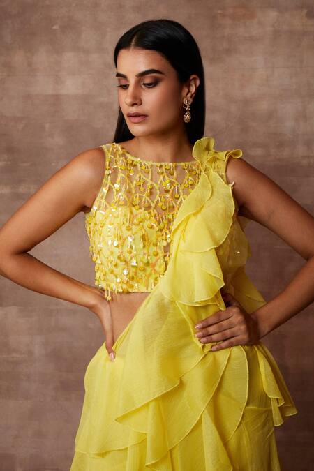Buy_Neeta Lulla_Yellow Chiffon Sequin Straight Pre-draped Ruffle Saree Set_Online_at_Aza_Fashions