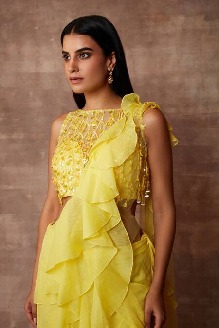 Neeta Lulla_Yellow Chiffon Sequin Straight Pre-draped Ruffle Saree Set_at_Aza_Fashions