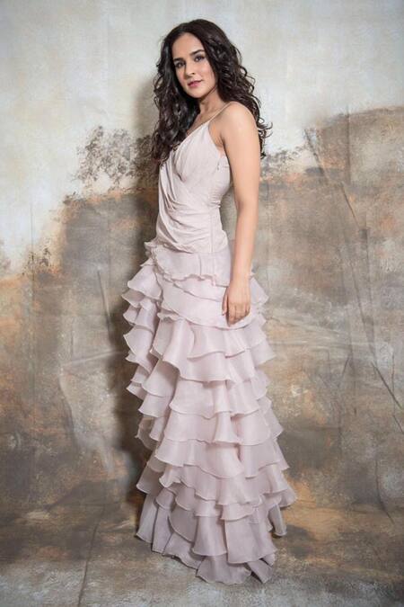 Neeta Lulla_Purple Organza Ruffle Layered Gown_Online_at_Aza_Fashions