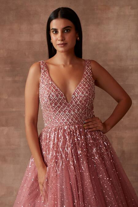 Neeta Lulla Pink Tulle Embellished Sequins Plunge V Neck Belle Gown Online at Aza Fashions Neeta Lulla_Pink Tulle Embellished Sequins Plunge V Neck Belle Gown_Online_at_Aza_Fashions