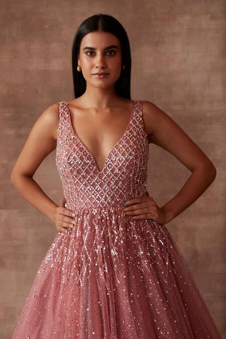 Buy Neeta Lulla Pink Tulle Embellished Sequins Plunge V Neck Belle Gown Online at Aza Fashions Buy_Neeta Lulla_Pink Tulle Embellished Sequins Plunge V Neck Belle Gown_Online_at_Aza_Fashions